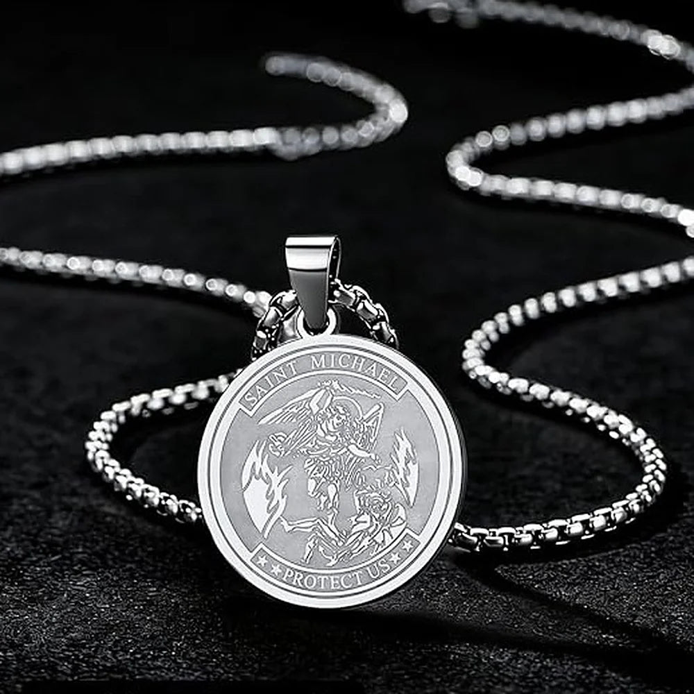 Round Archangel Michael Medal Pendant Necklace Black Color Stainless Steel Box Chain Necklace For Women Catholic