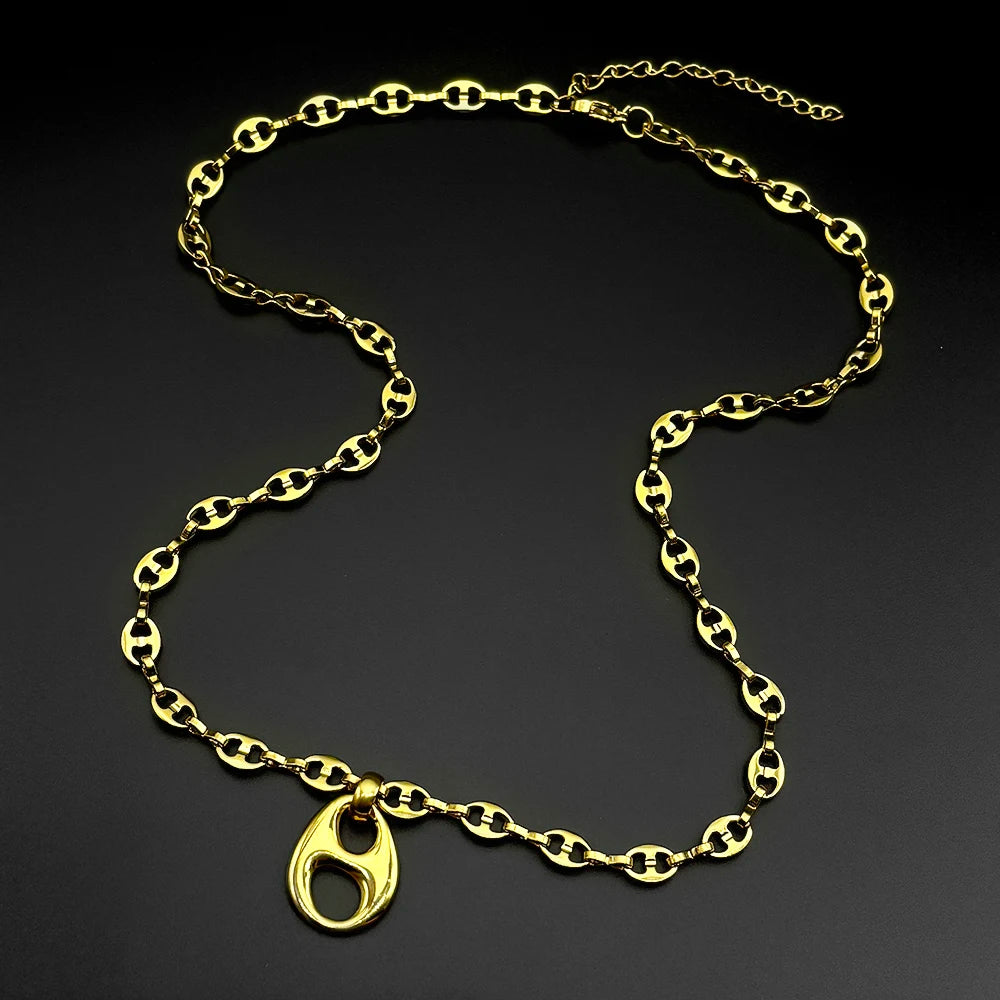 Gold Coffee Bean Chain Necklace New Design Hollow Oval Pendant Stainless Steel Jewelry Minimalist Unisex Streetwear