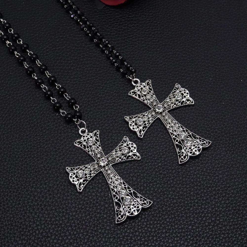 Crystal Filigree Cross Beaded Necklace — Black