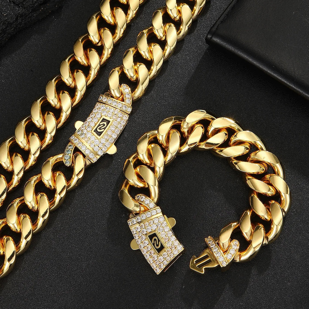 Gold-Tone Cuban Link Chain Necklace with CZ Clasp 60cm