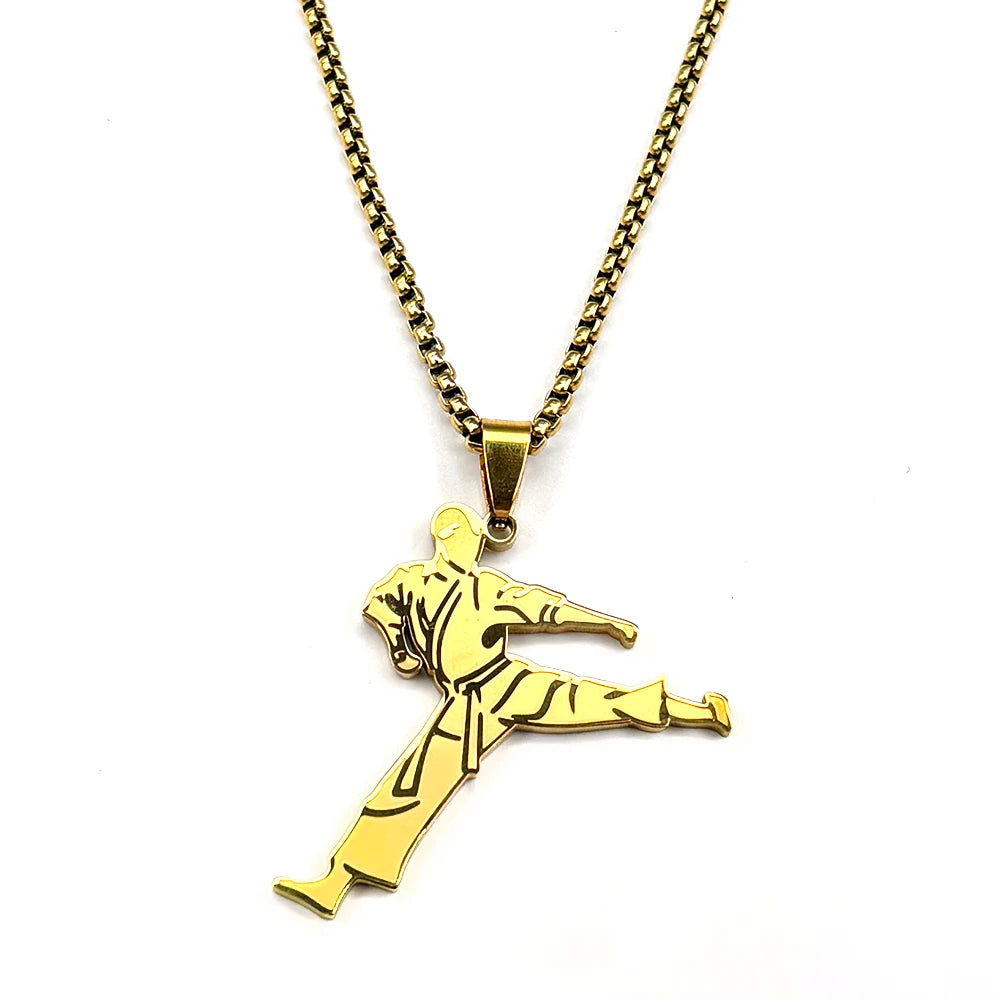 Karate Kick Man Pendant Necklace For Men Stainless Steel Martial Arts Kung Fu Charm Male Chain Jewelry Taekwondo Fighter Gift