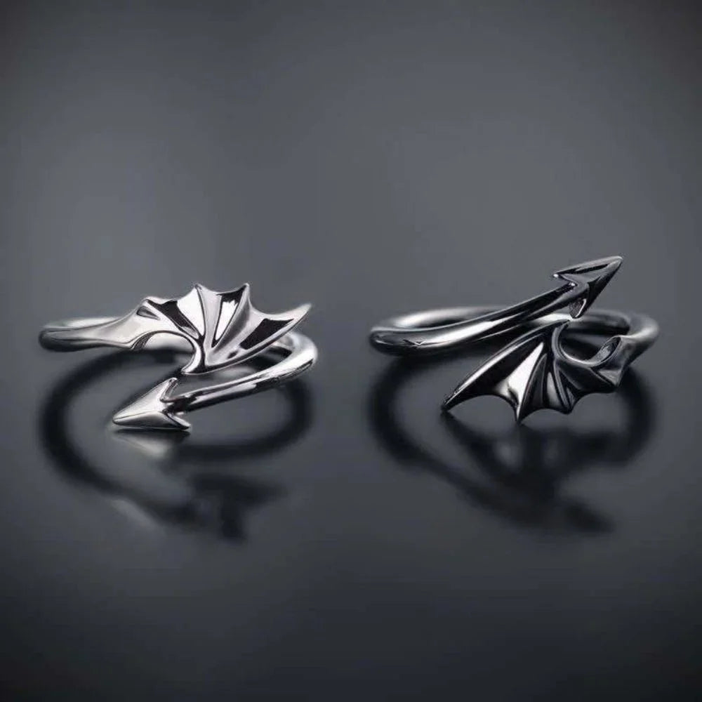 Gothic Angel & Devil Wings Open Ring — Vampire, Black & Silver