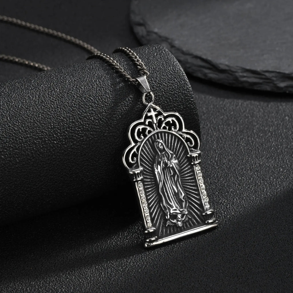 Virgin Mary Gothic Pendant Necklace — Grey CZ, Stainless Steel