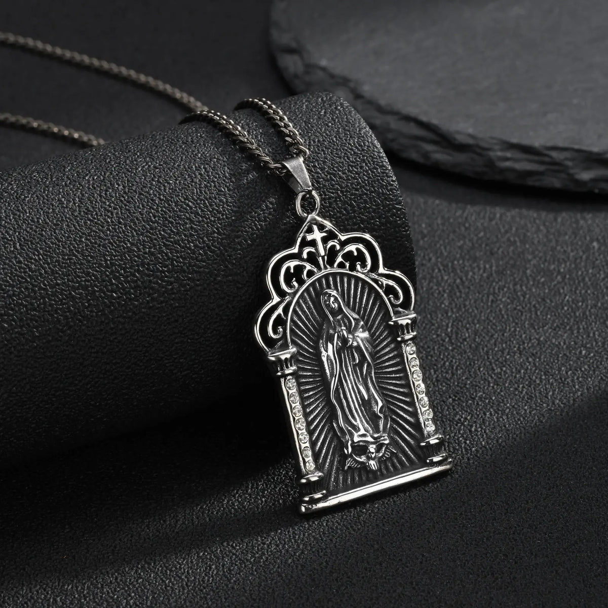 Men Stainless Steel Virgin Mary Pendant Necklace Retro Grey Clear CZ Crystal Gothic Church Religious Amulet for Daily Wear