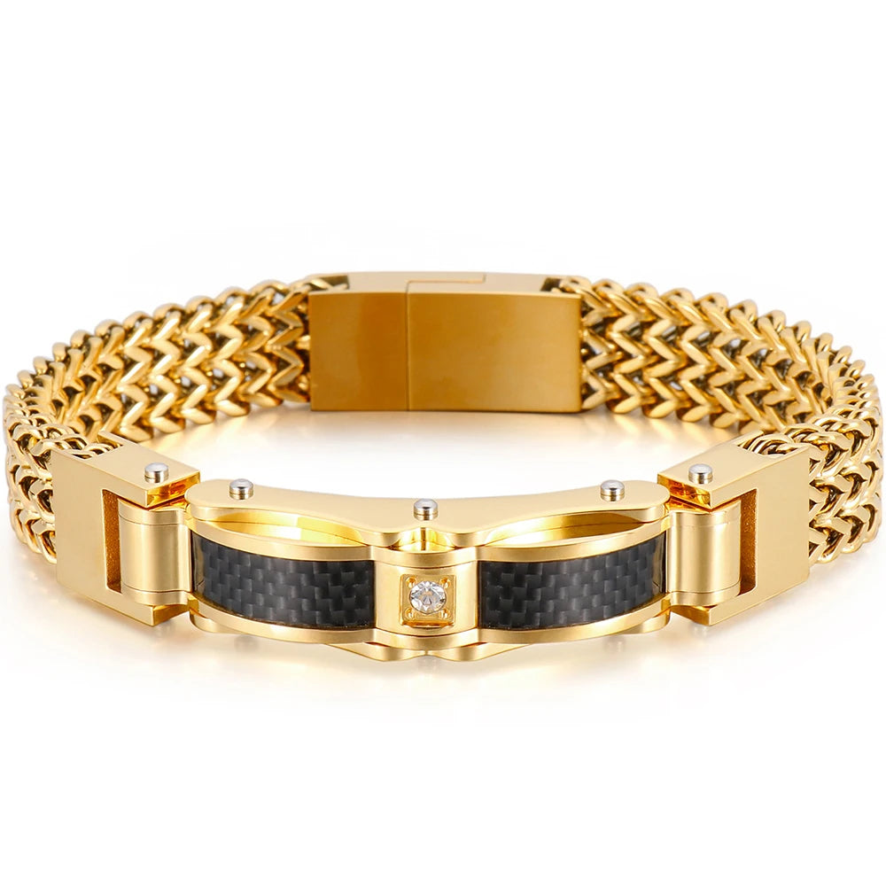 Luxury Bracelet for Men Gold Color 12MM Wide Stainless Steel Square Franco Link Chain Men's Wrist Bracelets With Magnet