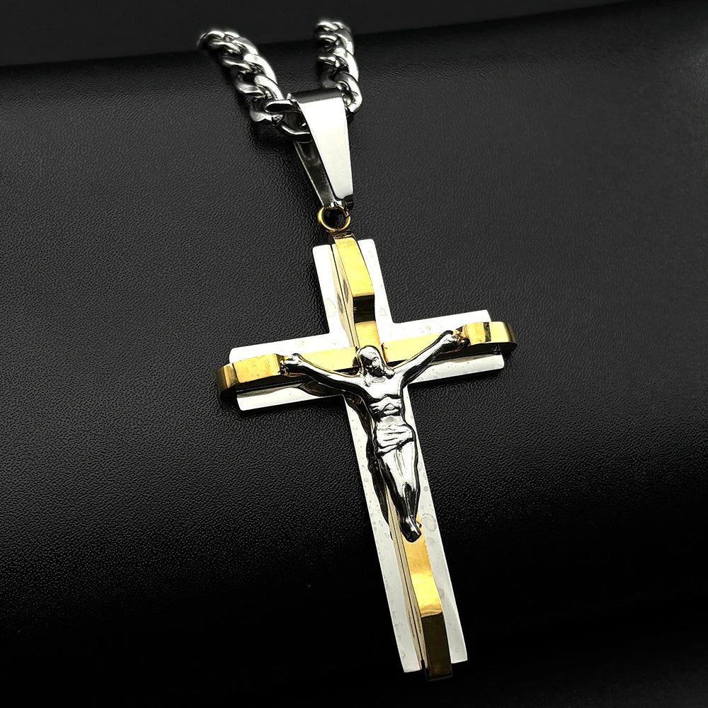 Jesus Crucifix Cross Pendant Necklace Amulet — Stainless Steel