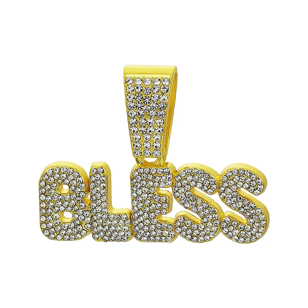 Iced Out BLESS Letter Pendant Necklace — 13mm Cuban Chain