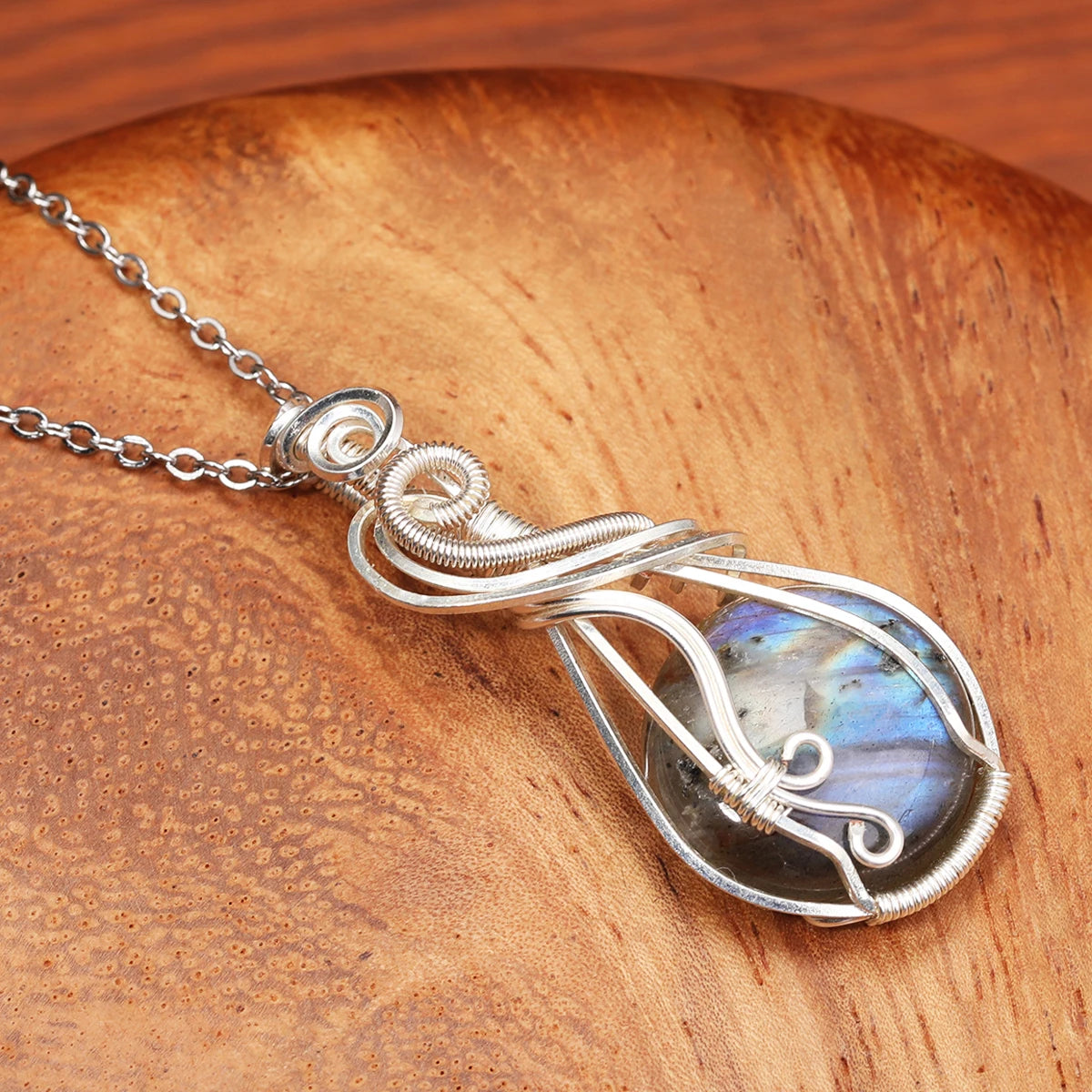 Labradorite Rainbow Moonstone Gemstone Pendant Copper Wire Wrapped Labradorite Jewelry Labradorite Necklace With Chain