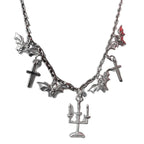 2027 Gothic Bat Cross Candelabra Pendant Necklace Dark Grunge Alloy Choker for Women Retro Halloween Party Alt