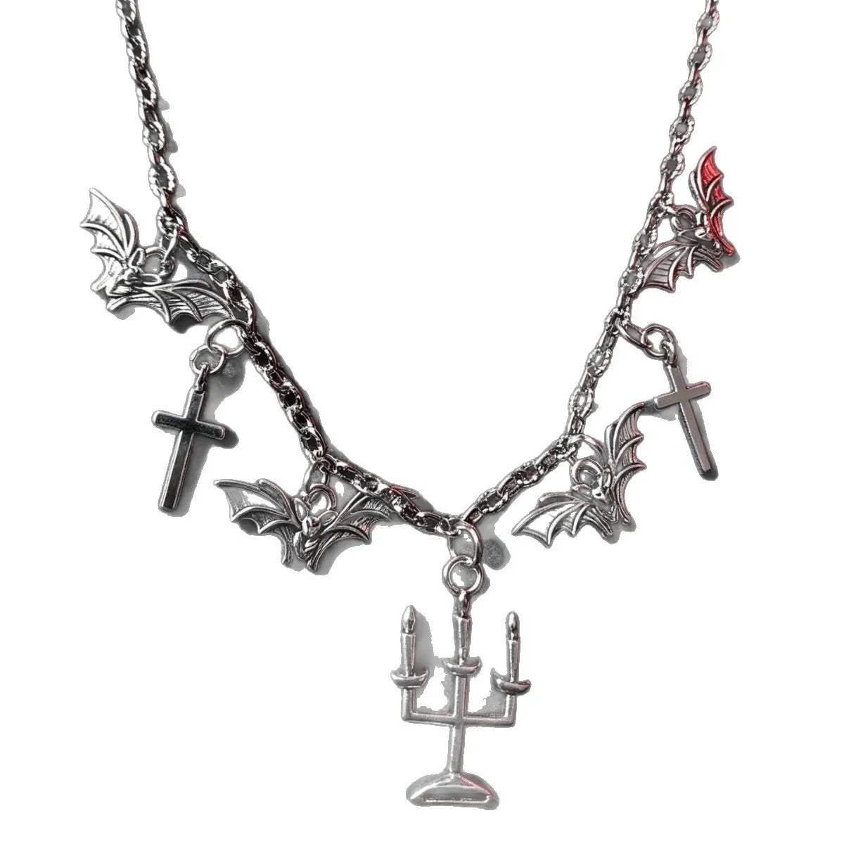 2027 Gothic Bat Cross Candelabra Pendant Necklace Dark Grunge Alloy Choker for Women Retro Halloween Party Alt