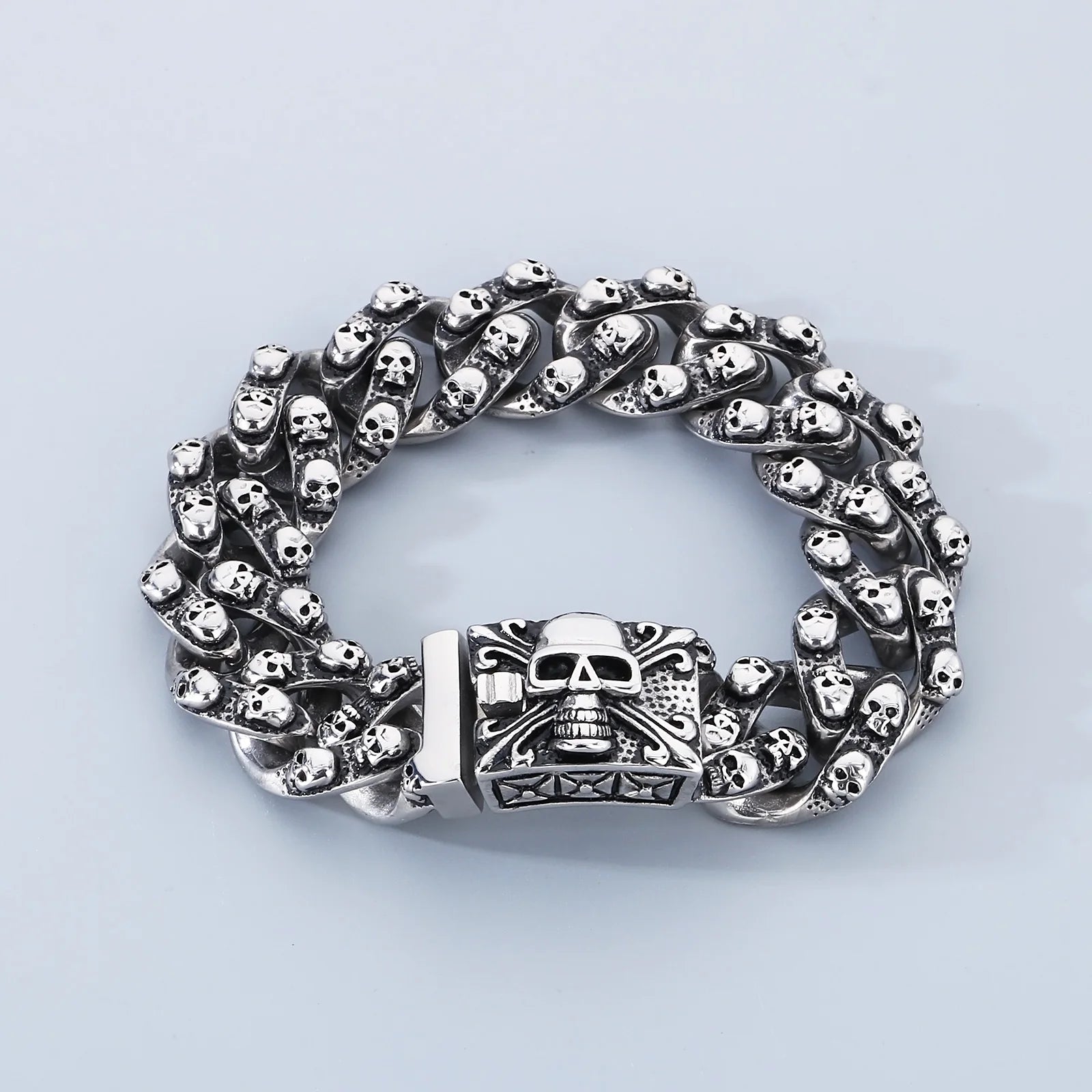 Punk Skull Charm Bracelets For Men Stainless Steel Cuban Chain Men Bangle Bracelet Silver Black Color Skeleton Jewelry