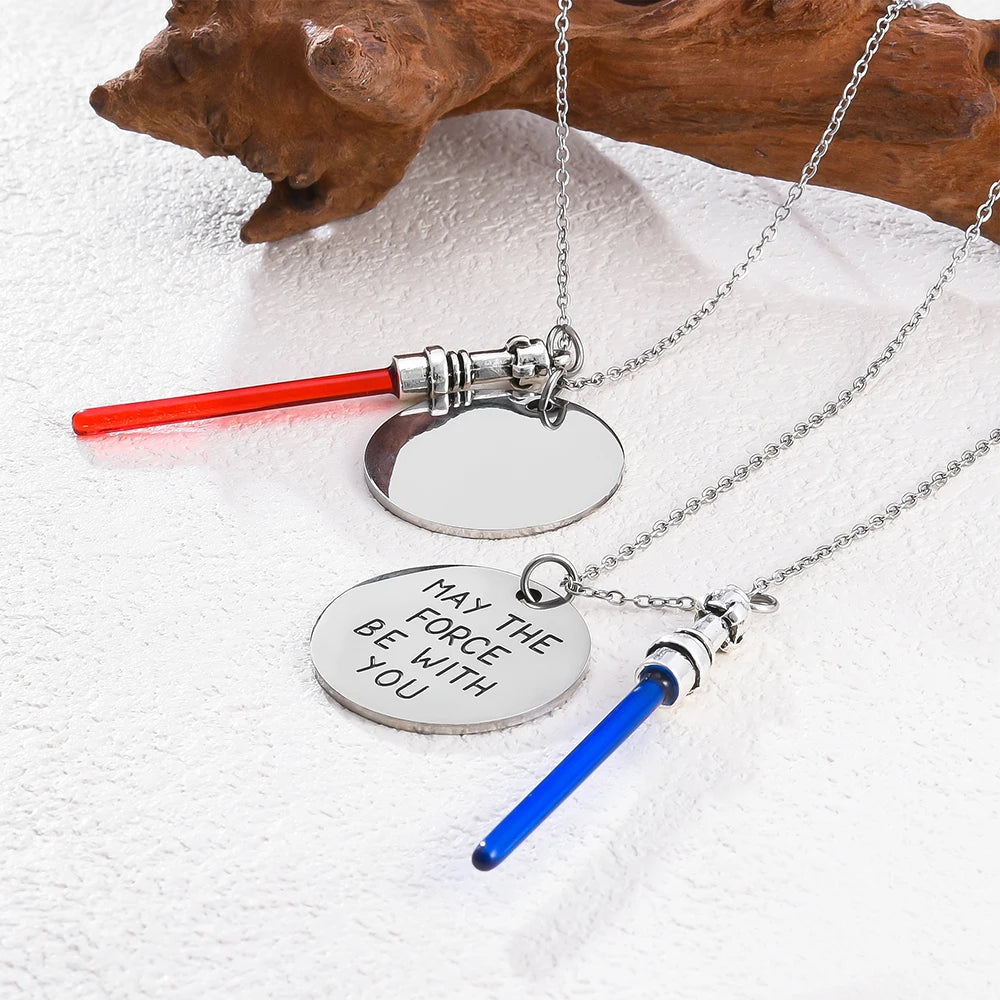 Stainless Steel Lightsaber Pendant Necklace Classic Movie Series Universe War Force Jewelry for Fans Gifts