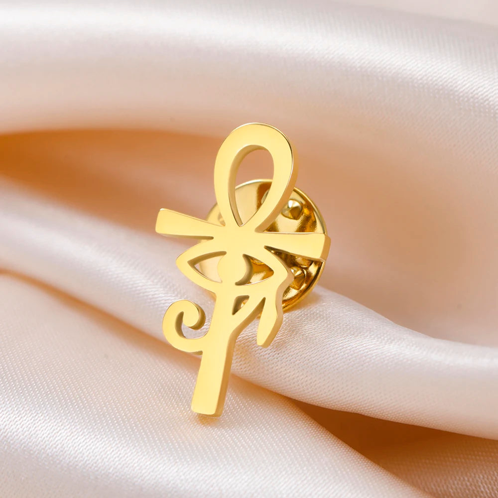 Dawapara Ankh Cross Brooch Ancient Egyptian Eye of Horus Lapel Pins Protection Amulet Stainless Steel Jewelry