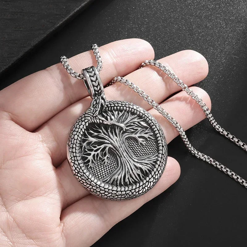 Retro Domineering Ouroboros Wrapped Around The Tree of Life Pendant Necklace Men's Personalized Punk Cool Casual