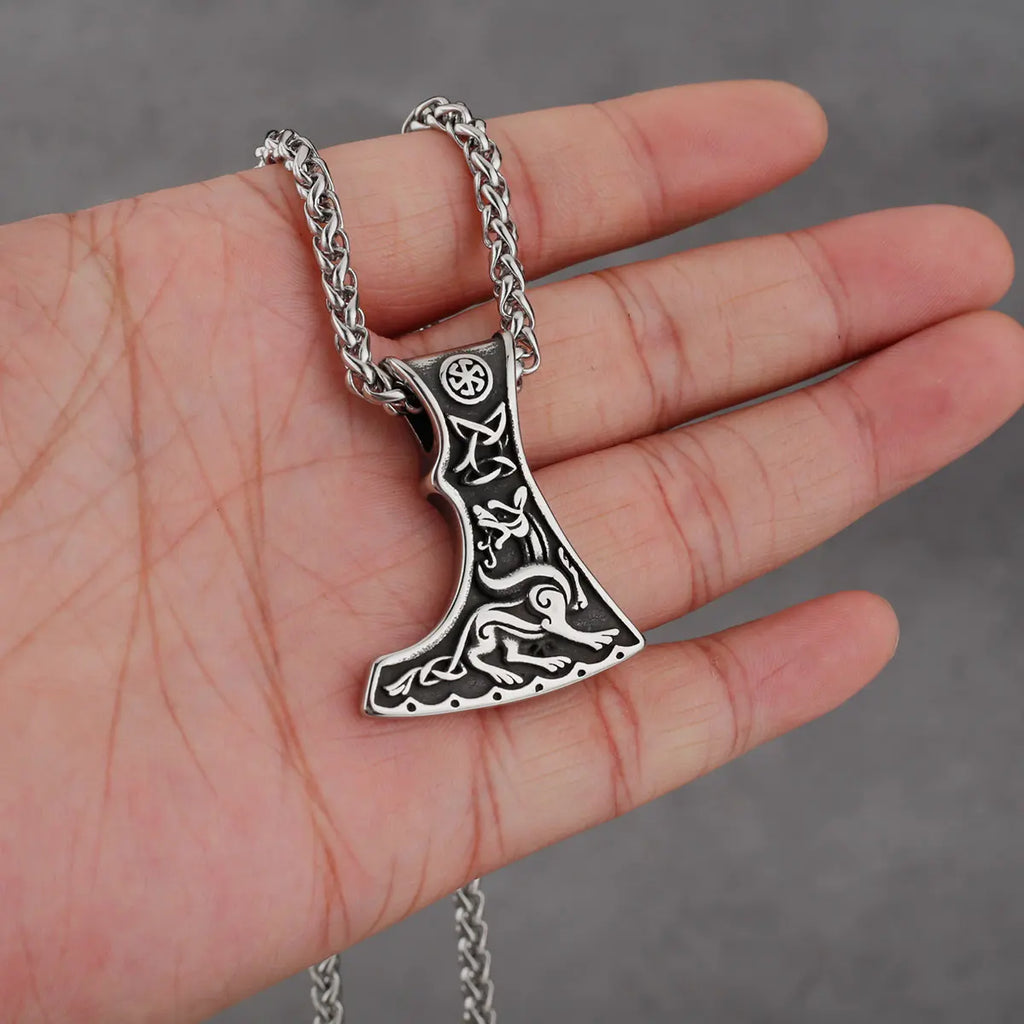 Stainless Steel Viking Axe Men's Pendant Necklace Retro Domineering Dragon Totem Necklace Punk Jewelry