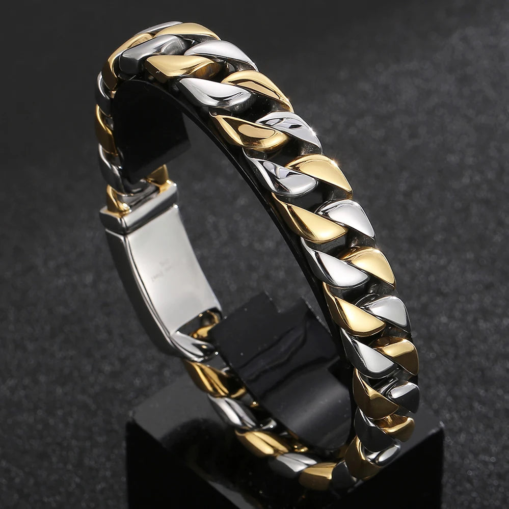 Polished Brushed Stainless Steel Cuban Chain Bracelet for Men Black Gold Color Nickel-Free Jewelry18-24CM Length Gift
