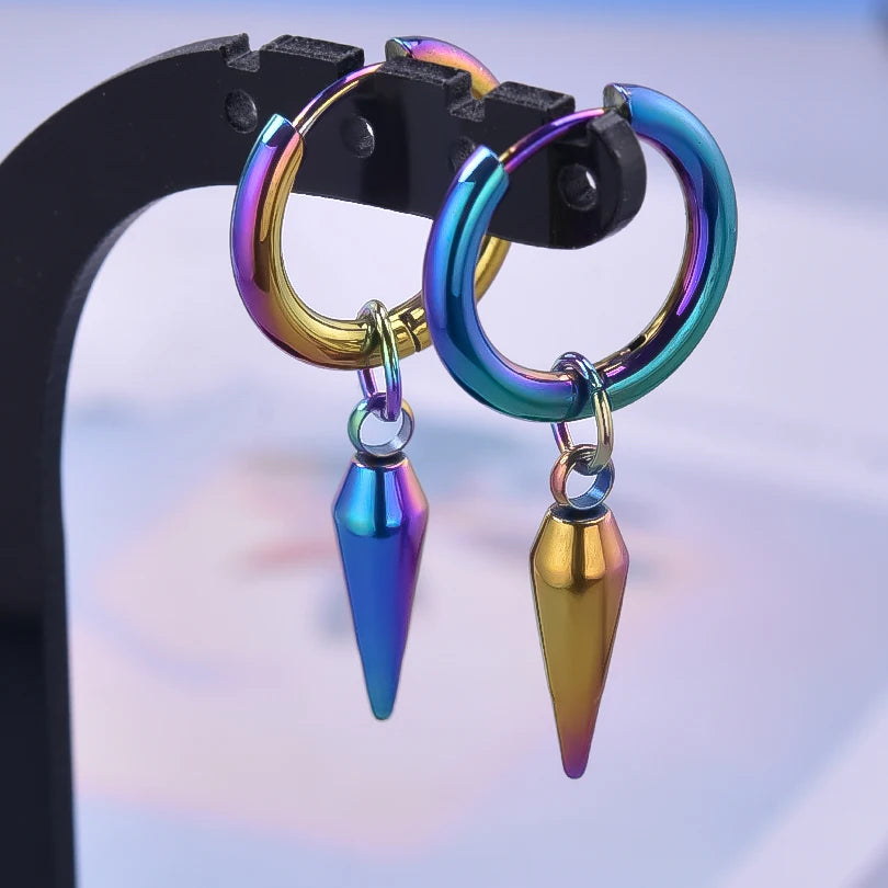 Spike Cone Drop Huggie Hoop Earrings for Men — Stainless Steel