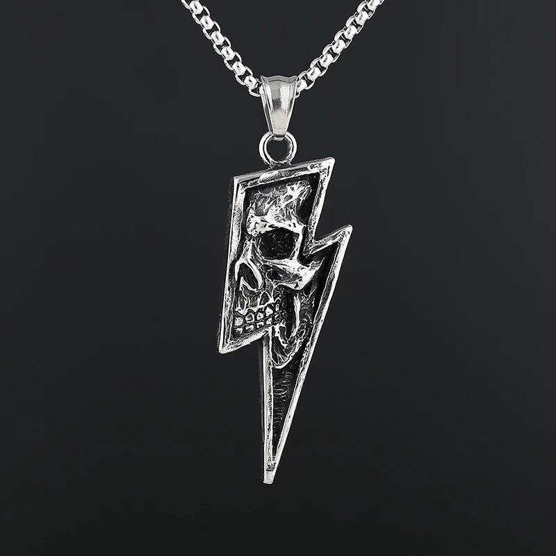 Lightning Bolt Skull Pendant Necklace — Stainless Steel