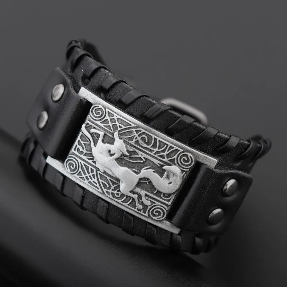 Nordic Viking Symbol Fox Pattern Bracelet Men's New Fashion Metal Leather Woven Jewelry Animal Accessories Party Gift