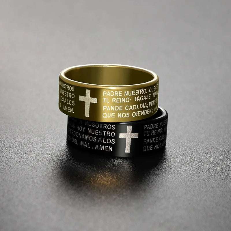Black Jesus Men's Titanium Steel Bible Scripture Cross Jesus Ring Letter Bible Scripture Prayer Ring Men's 8mm Amulet