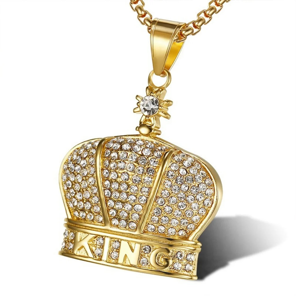 Iced Out King Crown Pendant Tennis Necklace — Stainless Steel