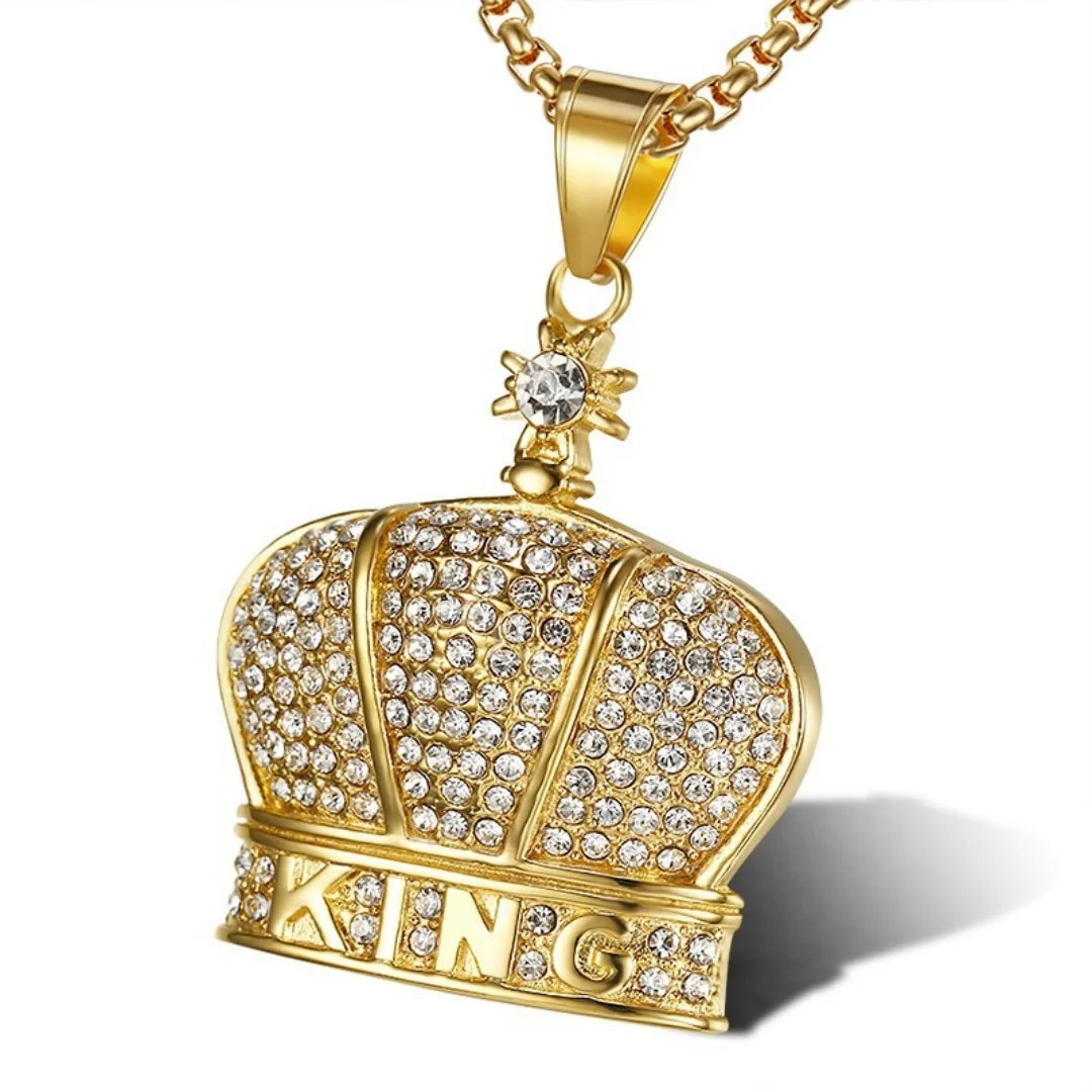 Iced Out King Crown Pendant Tennis Necklace — Stainless Steel