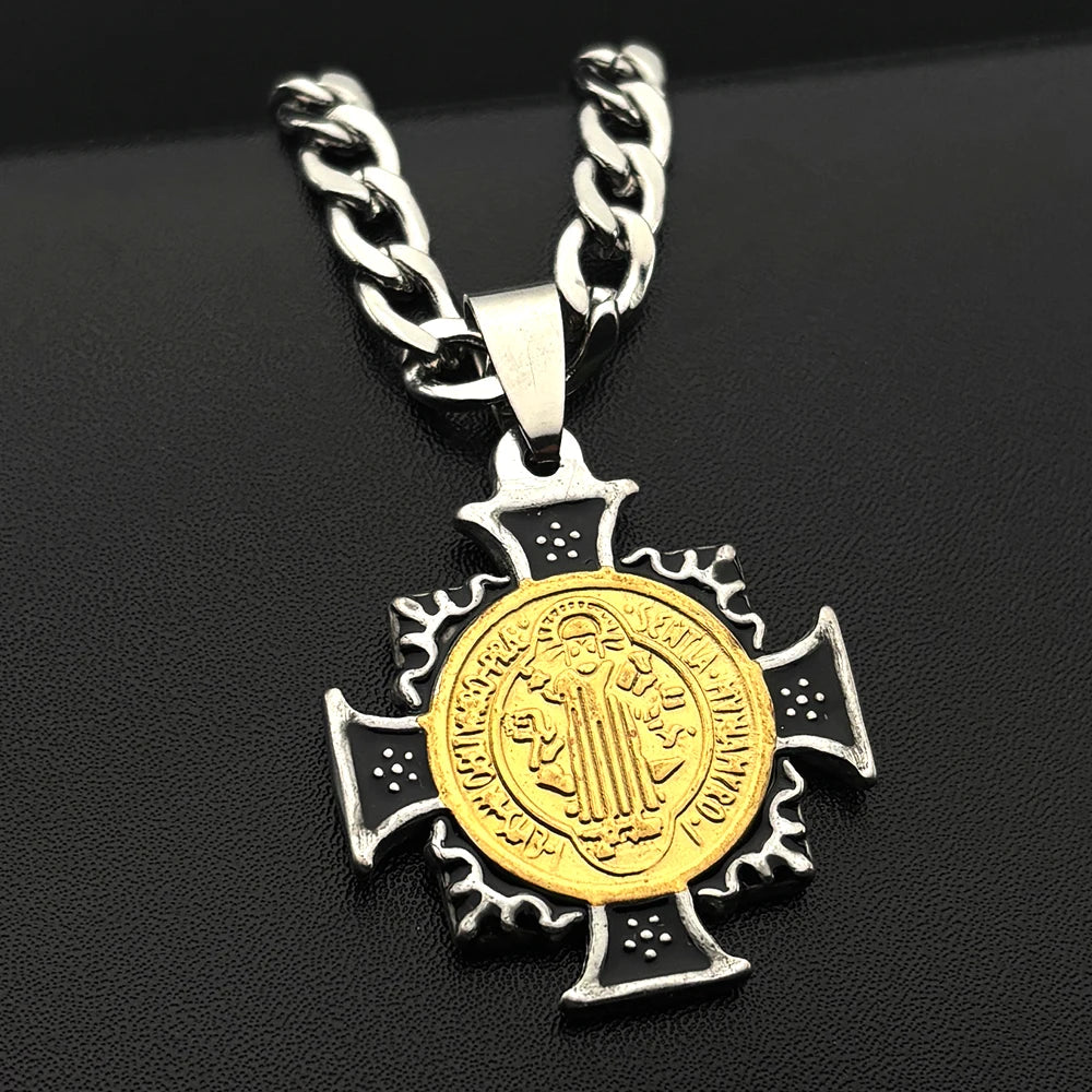 Catholic Saint Benedict Cross Pendant Necklace for Men Stainless Steel Gold Silver Color Chain Enamel Jewelry Gift San Benito