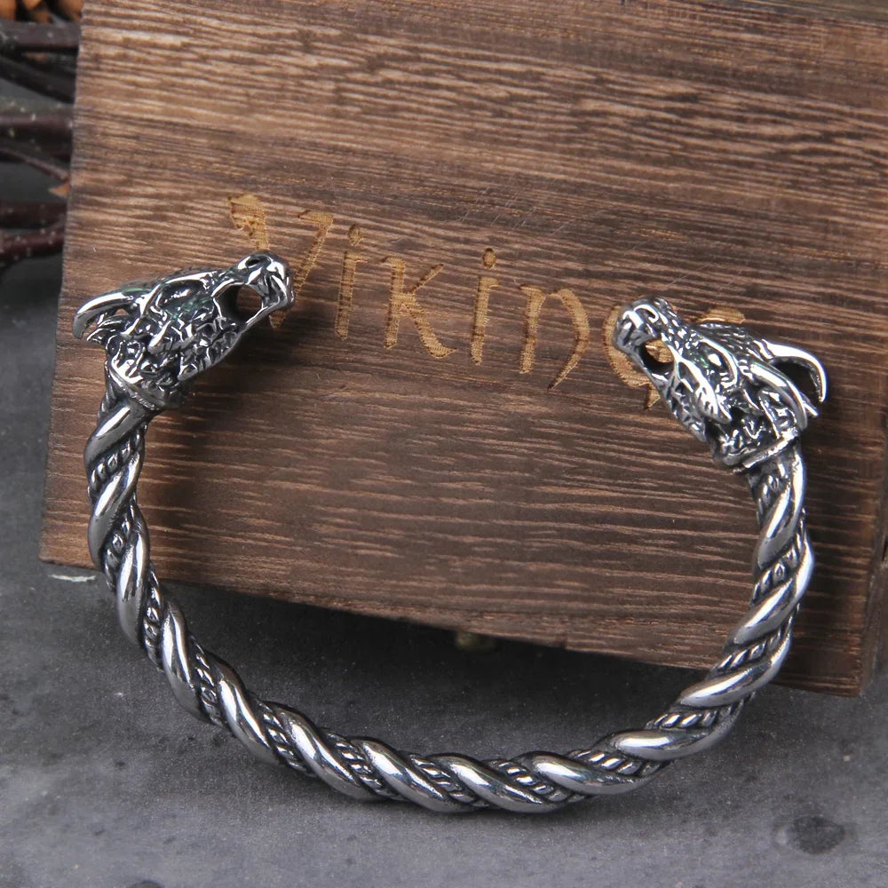 Gray Color Stainless Steel Nordic Viking Norse Dragon Bracelet Men Wristband Cuff Bracelets with Viking Wooden Box