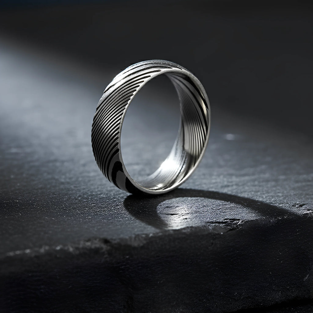 Damascus Steel CZ Band Ring — Stainless Steel