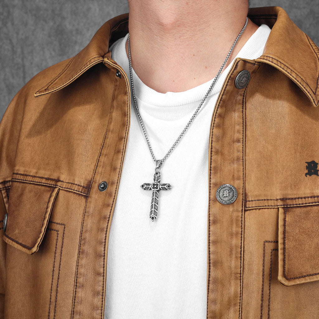 Engraved Cross Stainless Steel Pendant Necklace