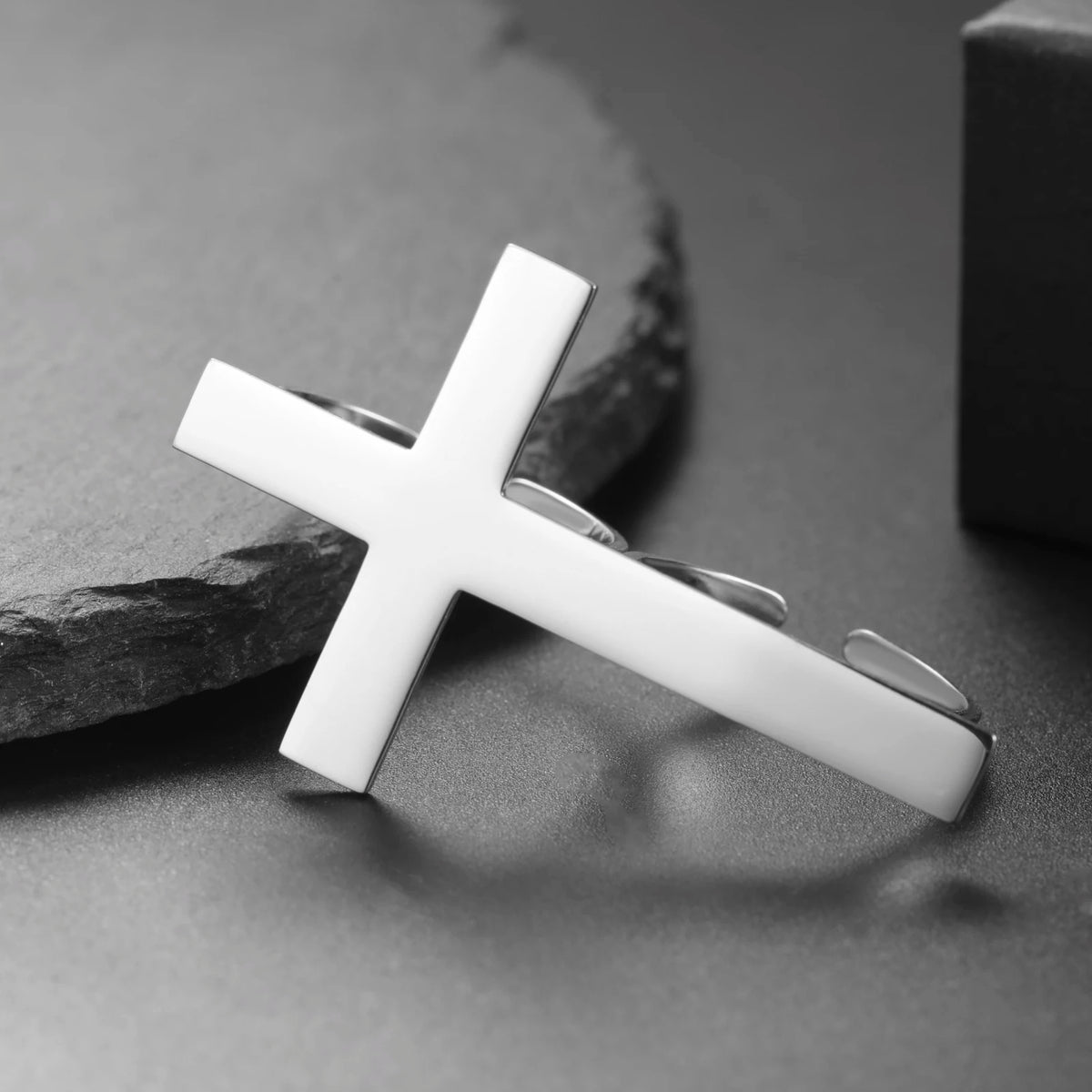 Big Cross Open Ring Two Finger Gothic Christian — Stainless Steel