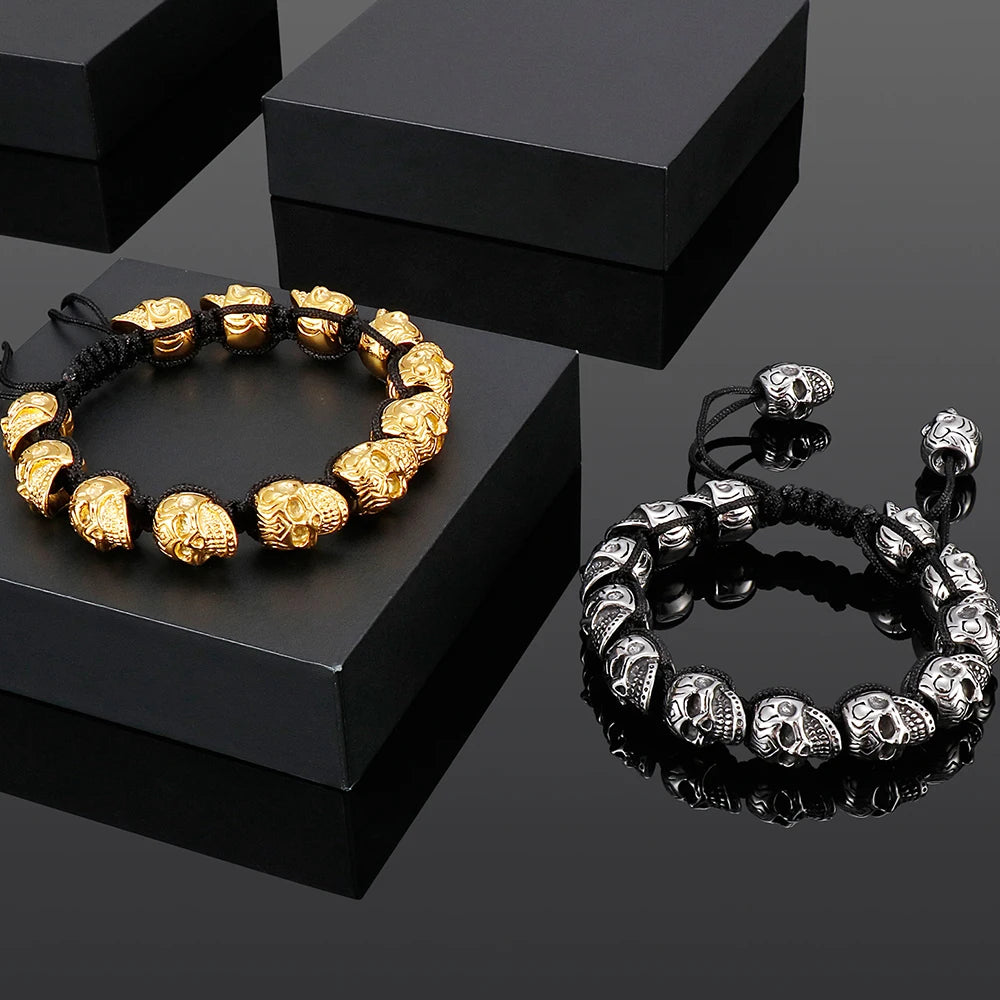 Handmade Braided Man Bracelet Skull Beads On Hand Bands Bracelets for Men Punk Gothic Stainless Steel Men's Jewelry