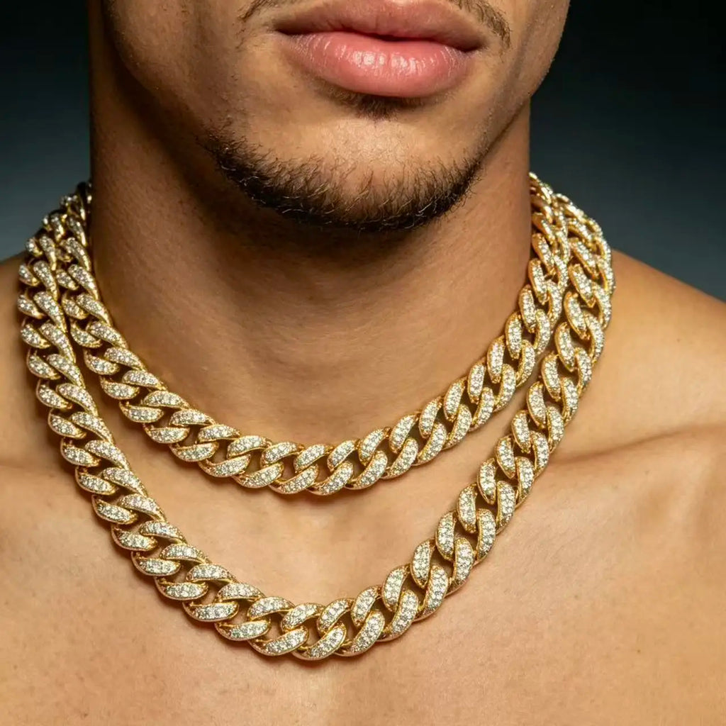 HNSP Miami Cuban Link Iced Out Chain Necklace For Men - Heavy Duty Curb Bling Hip Hop Chains Jewelry 13MM Wide