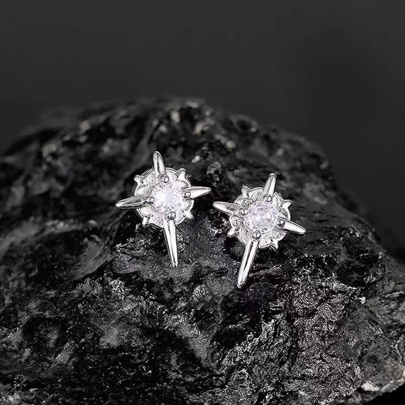 Black CZ Star Stud Earrings with Clear Crystal — Black-Tone
