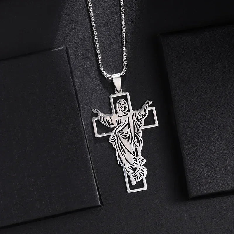 Vintage Christian Jesus Cross Stainless Steel Pendant Little Angel Prayer Necklace Men Women Faith Amulet Jewelry