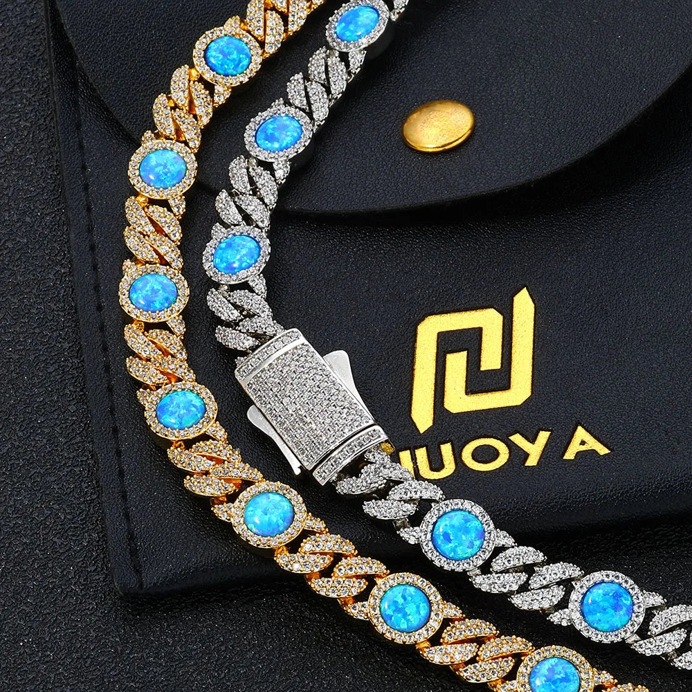 Cuban Iced Out Gold Necklace Blue Opal CZ