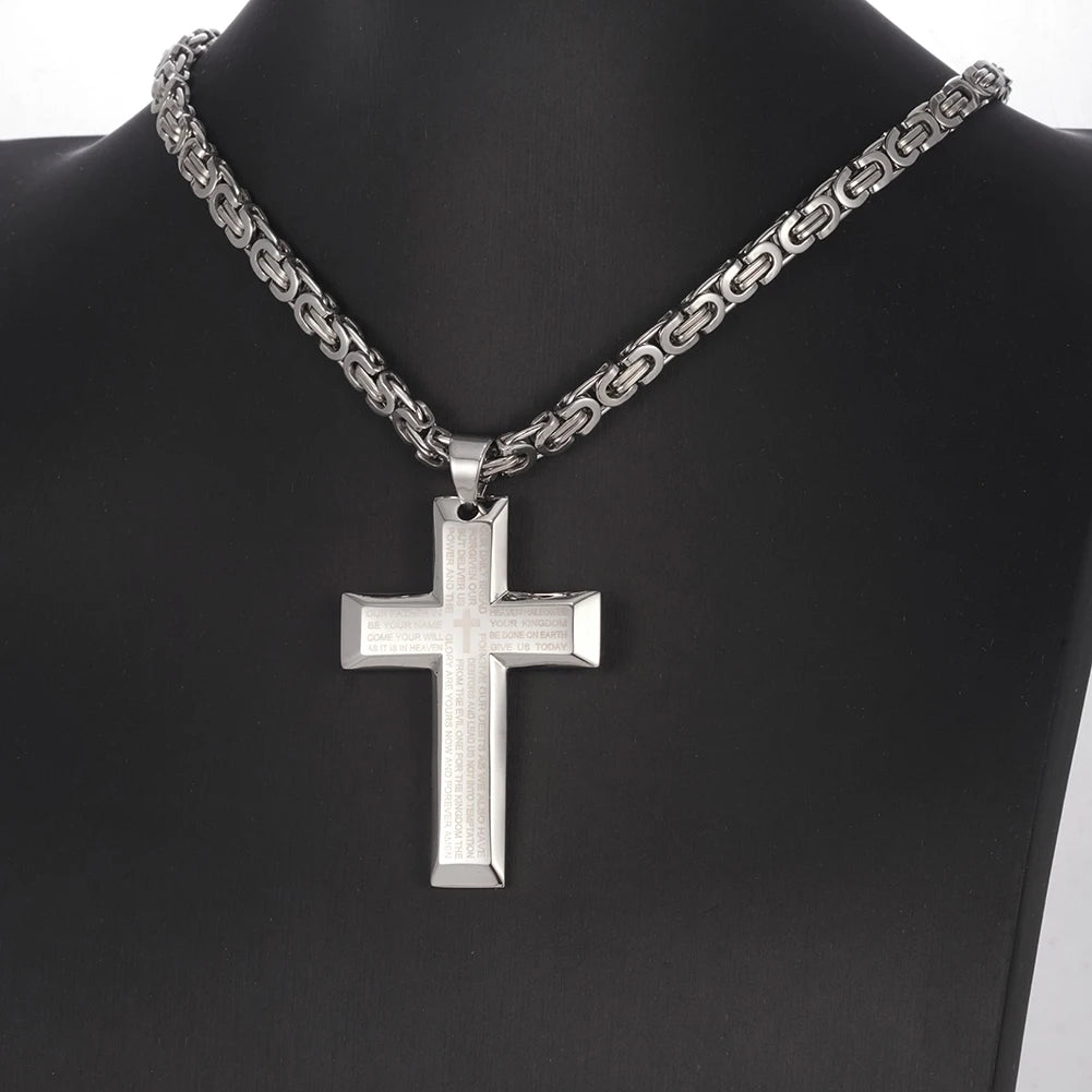 Bible Cross Pendant Necklace Byzantine Chain — Stainless Steel