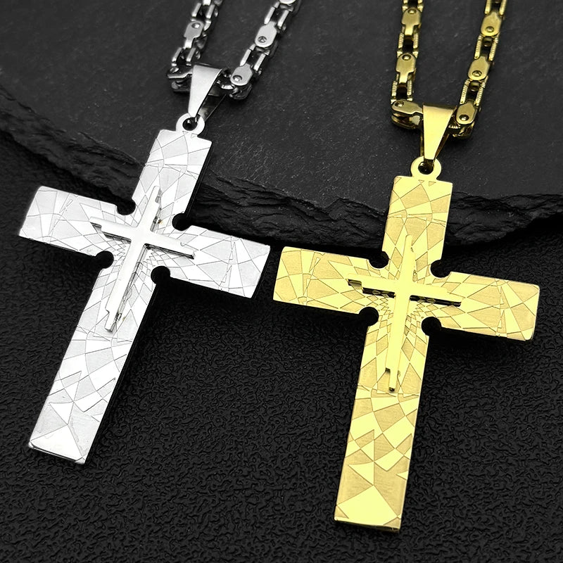 Big Jesus Cross Necklace Byzantine Chain Punk — Stainless Steel