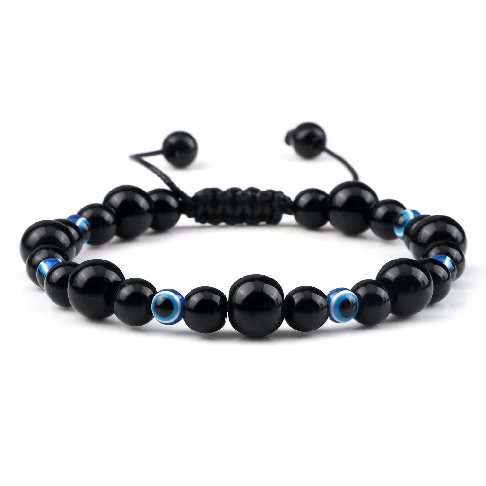 6 8mm Natural Stone Beads Bracelet for Women Men Blue Turkish Evil Eye Braided Chain Bangle Lucky Couple Jewelry Gift