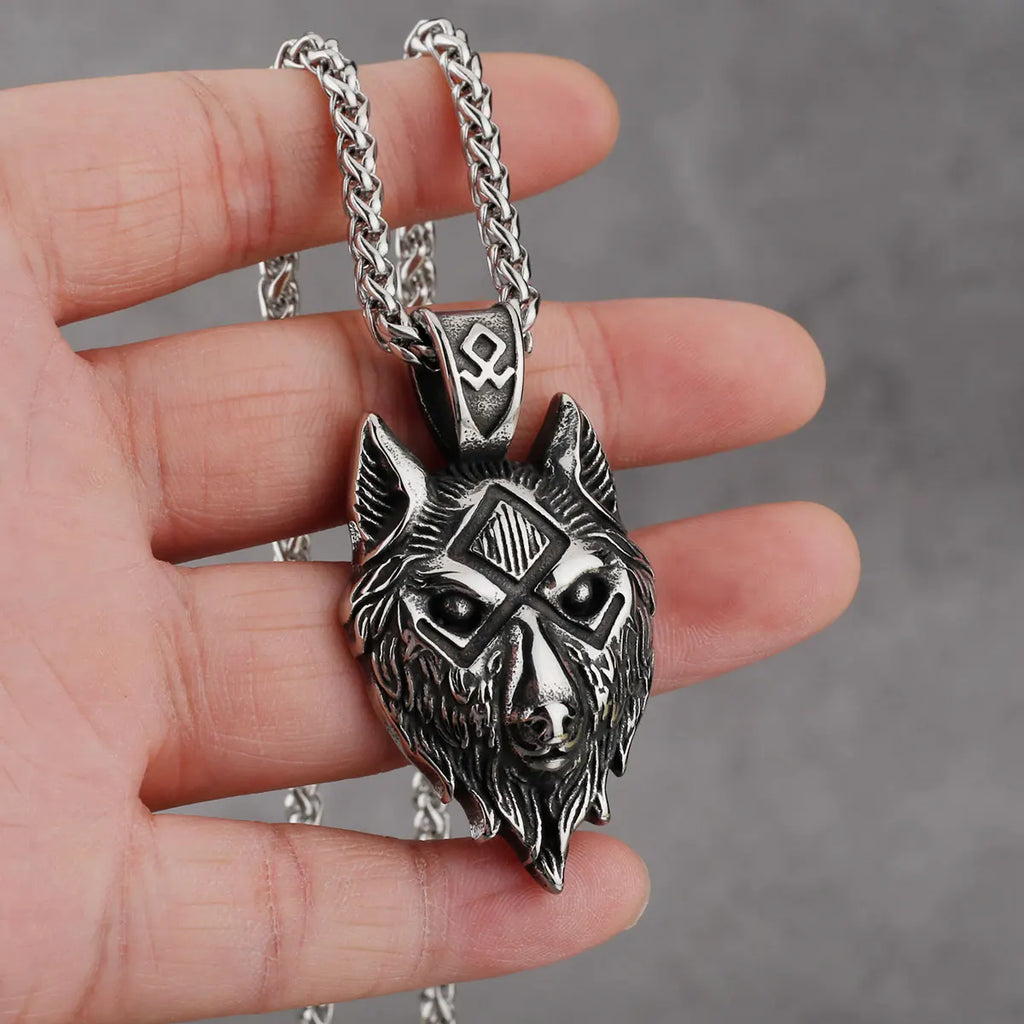 Viking Wolf Head Pendant Necklace for Men — Stainless Steel