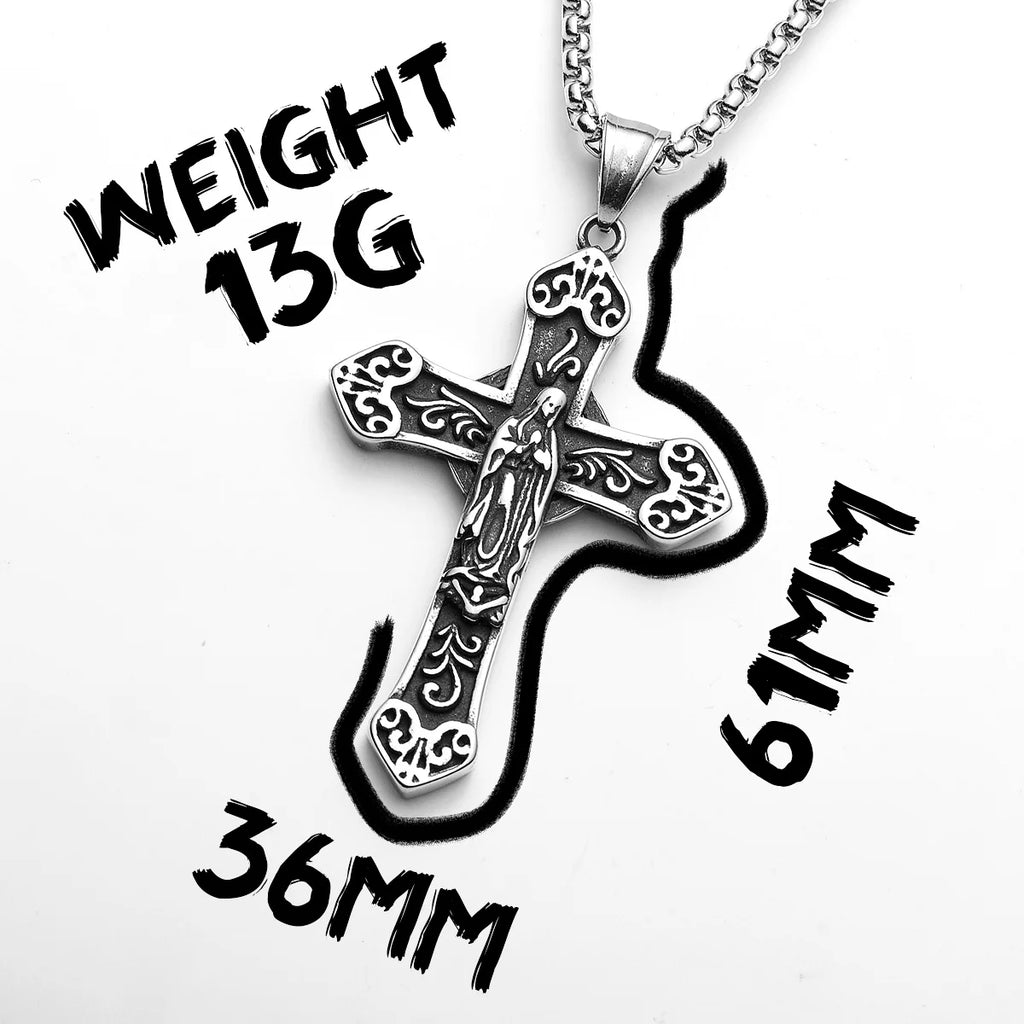 Cross Virgin Mary Pendant Necklace Stainless Steel