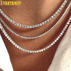 Iced Out Bling Zircon 3mm Tennis Chain Necklace 3 Prong Gold Silver Color CZ Charm Choker Women Man Hip Hop Fashion