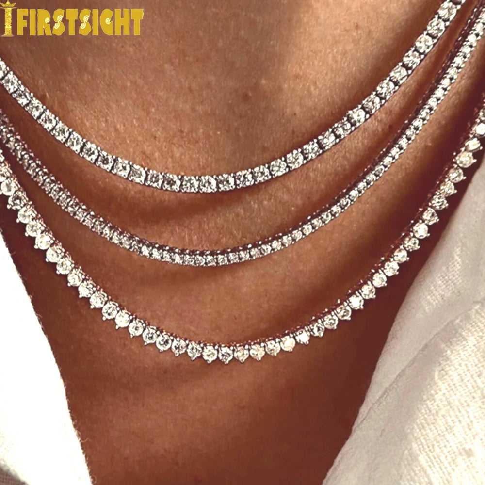 Iced Out Bling Zircon 3mm Tennis Chain Necklace 3 Prong Gold Silver Color CZ Charm Choker Women Man Hip Hop Fashion