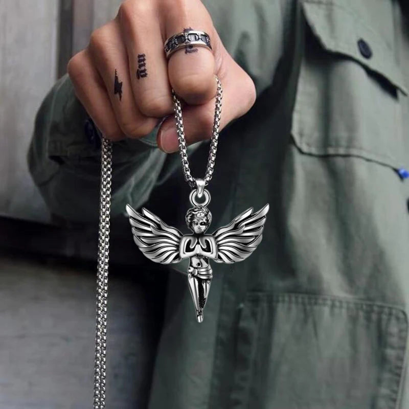 Silver Angel Wing Feather Pendant Necklace