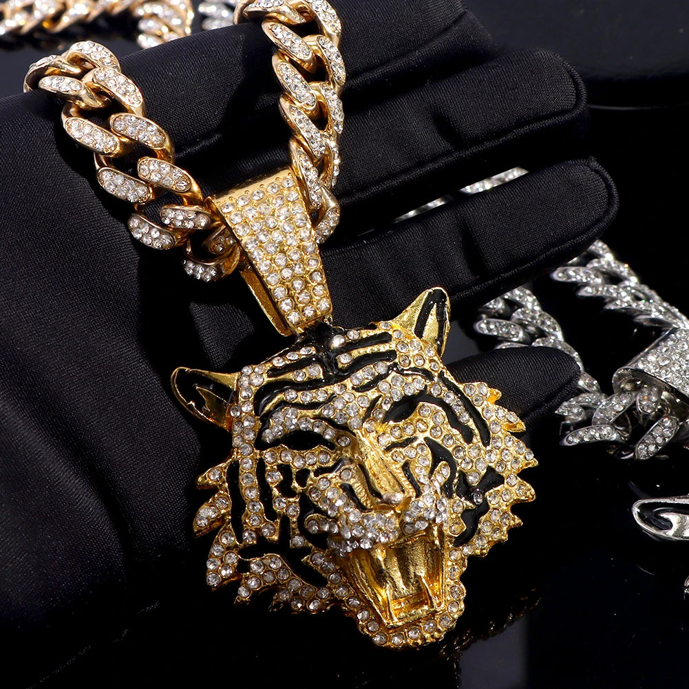 Iced Out Tiger Head Cuban Pendant — Gold