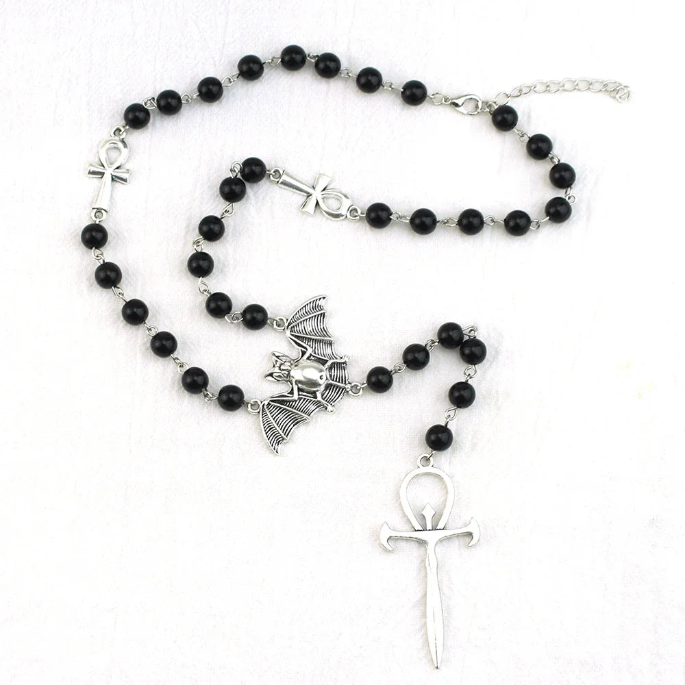 Gothic Bat Cross Rosary Necklace for Women Fashion Mystery Witch Jewelry Accessories Gift Silver Color Bat Charm Vampire Choker