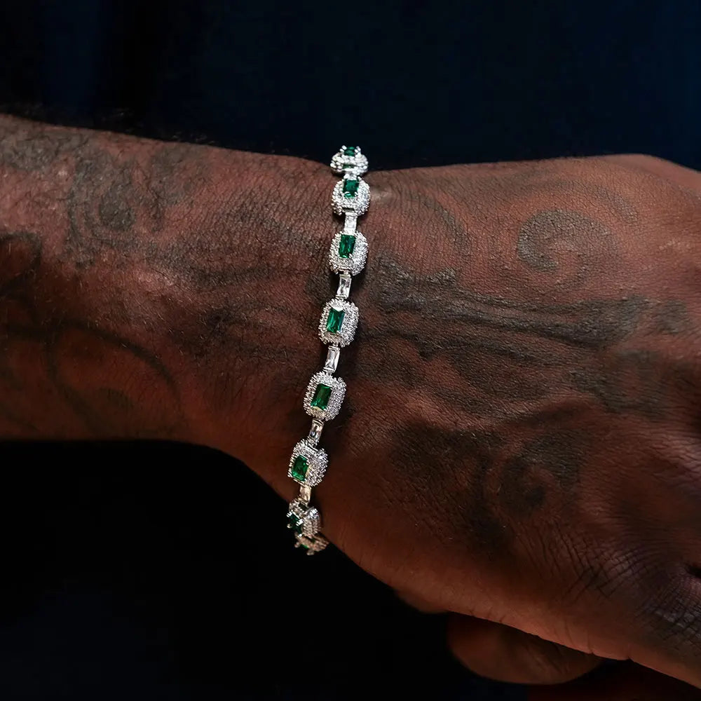 Gold Baguette Bracelet Iced Out Emerald Cushion