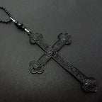 Gothic Hollow Relief Cross Pendant Beaded Chain Necklace — Black