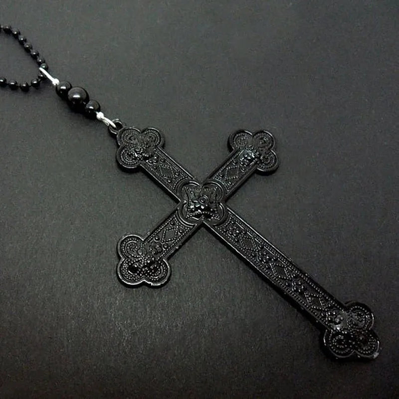 Gothic Hollow Relief Cross Pendant Beaded Chain Necklace — Black