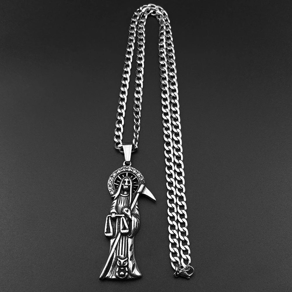 Holy Saint Death Santa Muerte Grim Reaper Necklace for Men Stainless Steel Silver Color Male Necklaces Jewelry Gift NZZ518S05